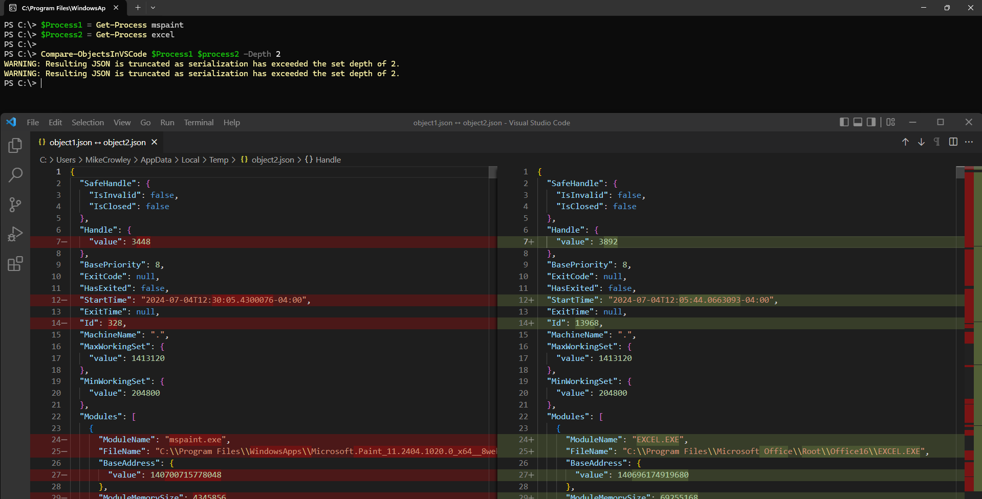 Compare-ObjectsInVSCode output in VS Code