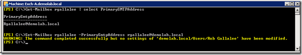 PowerShell console showing Set-Mailbox command to change PrimarySmtpAddress