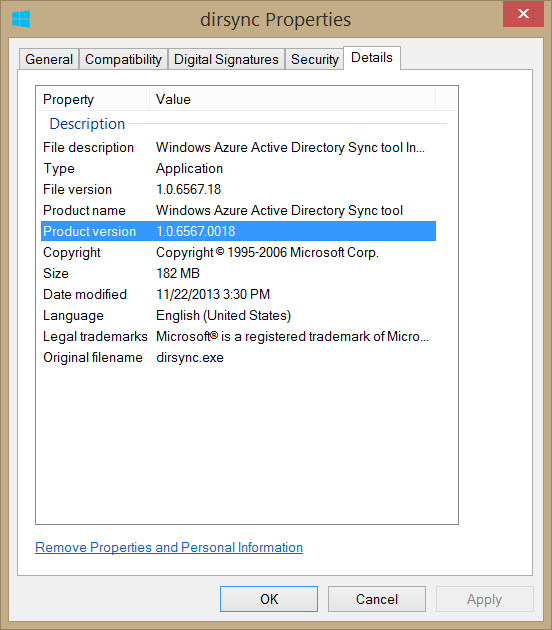 DirSync installer properties showing version 1.0.6567.0018
