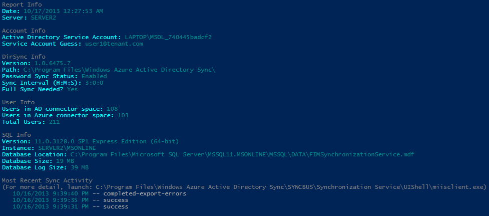 DirSync report script output showing configuration details, user counts, SQL info, and sync activity
