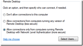 Remote Desktop settings showing Network Level Authentication option