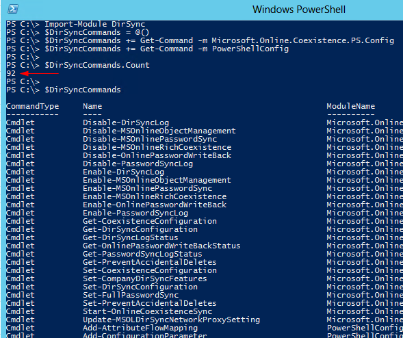 PowerShell console listing 92 DirSync cmdlets from the DirSync module